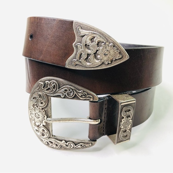 Silpada Designs Genuine Italian Brown Leather Belt M Silver Metal Buckle Cowboy - Picture 3 of 9